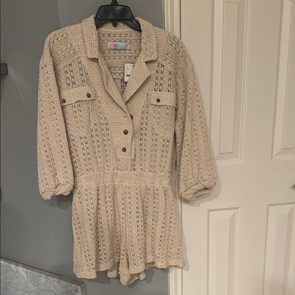 Free People Beach Ryan Beige Knit Button-Up Romper